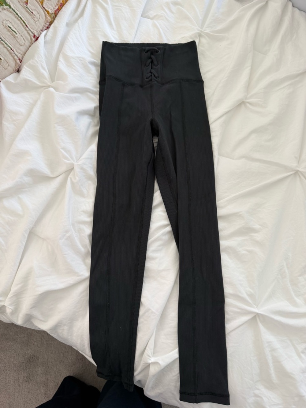 aerie Black High-Waist Lace-Up Ribbed Leggings